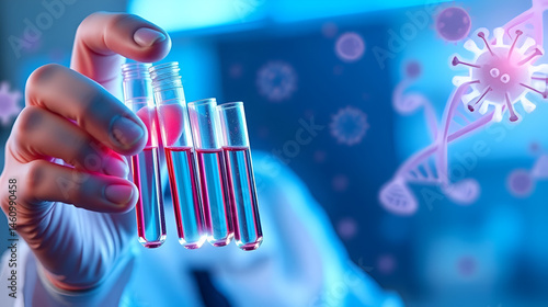 scientist holding medical testing tubes or vials of medical pharmaceutical research with blood cells and virus cure using DNA genome sequencing biotechnology as wide banner hologram