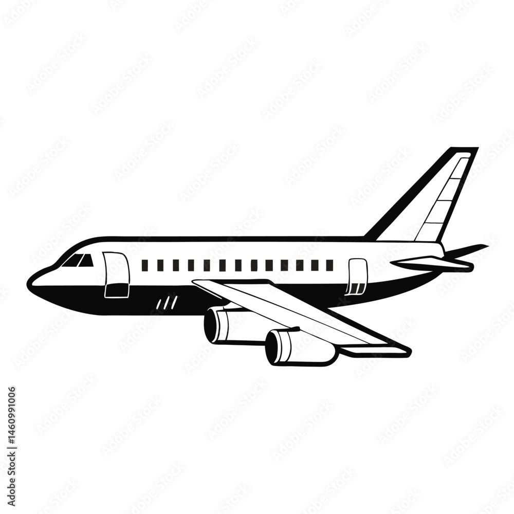Black and White Illustration of a Passenger Airplane in Flight Black and White Illustration of a Passenger Airplane in Flight