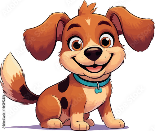 A cute brown cartoon puppy, a cheerful canine illustration, sits happily with a smiling face and adorable ears