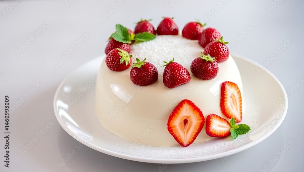 Close up of a white cake with fresh strawberries and mint leaves on a white plate on a white surface Close up of a white cake with fresh strawberries and mint leaves on a white plate on a white surface