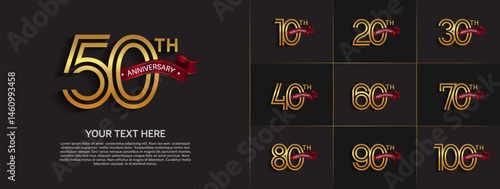 Anniversary logo set with double line number style. gold color with red ribbon can be use for special moment