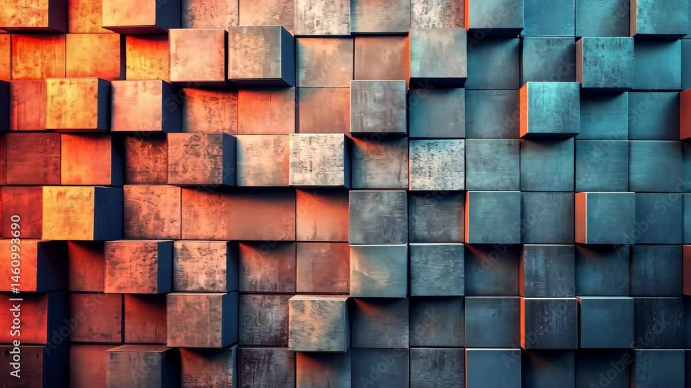 Abstract textured cube wall, warm to cool tones Abstract textured cube wall, warm to cool tones