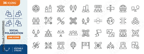 Social polarization line editable icon set. Editable stroke. Vector illustration