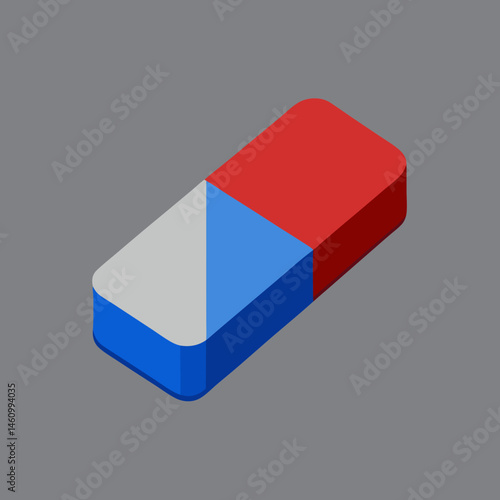 A minimal vector of a dual-color eraser (blue and red), placed on a solid soft gray background
