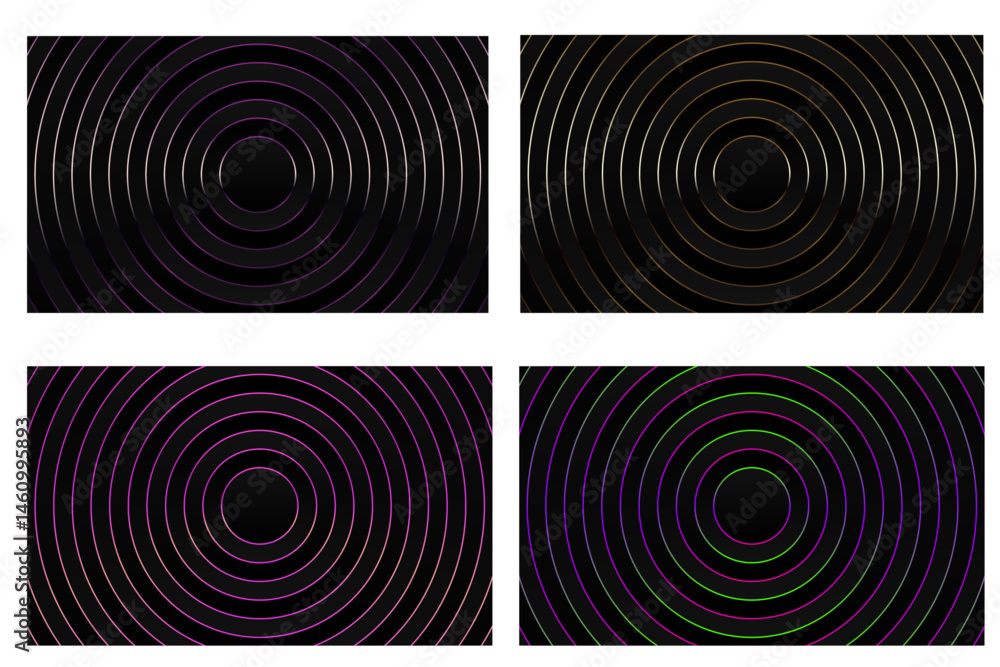 Fototapeta premium Four Colorful Gradient Circular Ring Backgrounds Soft Pink, Orange & Purple Glow on Black for Modern Digital and Visual Art Gradient backgrounds with smooth color transitions. 