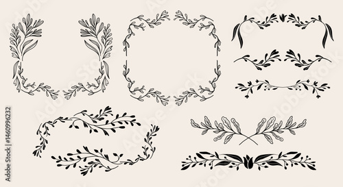 Art nouveau flower frame. Flower and leaf border, branch, wreath, garland decoration. Botanical vector illustration. Vintage antique classic floral graphic element.	