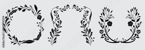 Art nouveau flower frame. Flower and leaf border, branch, wreath, garland decoration. Botanical vector illustration. Vintage antique classic floral graphic element.	