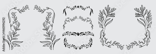 Art nouveau flower frame. Flower and leaf border, branch, wreath, garland decoration. Botanical vector illustration. Vintage antique classic floral graphic element.	