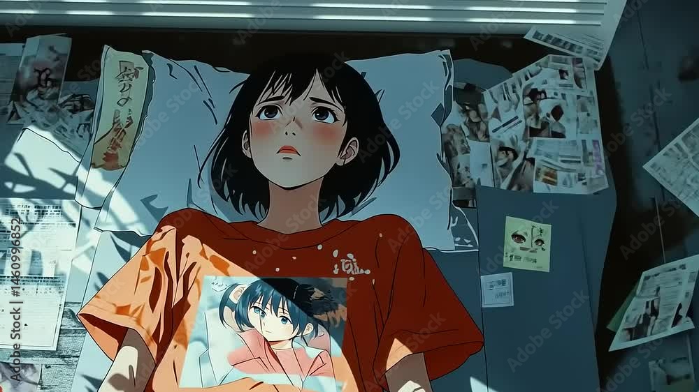 Anime Girl Lying on Bed Surrounded by Newspaper Cuttings and Thoughts Anime Girl Lying on Bed Surrounded by Newspaper Cuttings and Thoughts