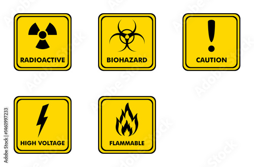  warning sign in laboratory. warning sign on yellow square board with text. radioactive, biohazard, caution, flammable, high voltage sign.