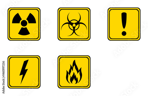  warning sign in laboratory. warning sign on yellow square board. radioactive, biohazard, caution, flammable, high voltage sign.