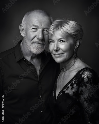 Elegant Black and White Portrait of Older Couple in Fashion Studio Setting Capturing Timeless Beauty and Love