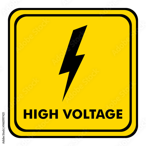 lightning sign with text. high voltage warning sign on a yellow square board.