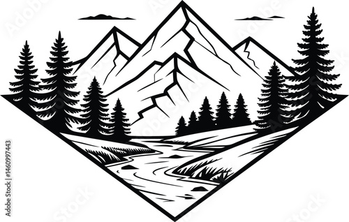 Mountain Landscape with Pine Forest Silhouettes - Minimalist Black and White Vector Nature Scene