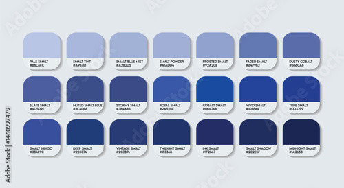 Smalt Color Guide Palette with color Names. Catalog Samples of Small Smart RGB HEX codes and Names. light blue electric Color Palette, Fashion Trend Pantone Smalt blue Color Palette, royal blues tones
