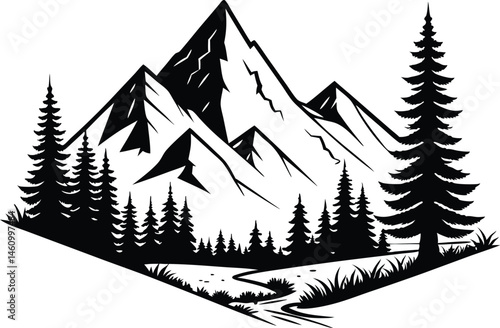 Mountain Landscape with Pine Forest Silhouettes - Minimalist Black and White Vector Nature Scene