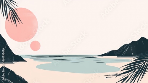 Pastel beach scene with minimalist mountains and suns.