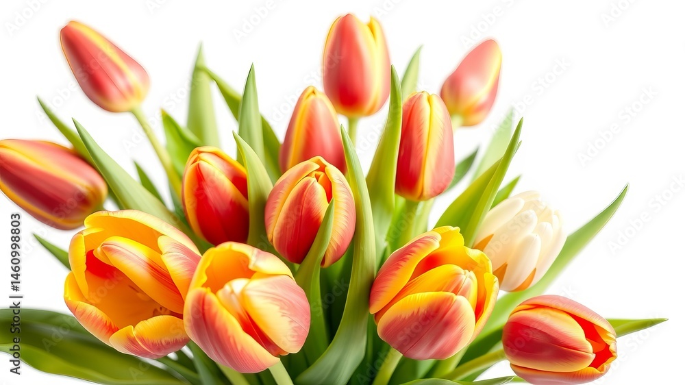 Obraz premium A vibrant bouquet of red and yellow tulips with green leaves is isolated on a bright white background.