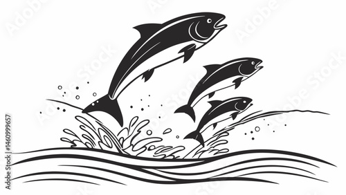 Powerful Black and White Illustration of Three Fish Leaping High from Water with Splashes and Waves