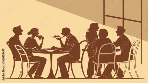 Warm Sepia Tone Silhouette Illustration Group of Friends Eating and Socializing at a Cafe Table