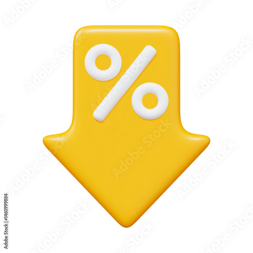3d low price icon. Yellow percent with arrow down. Crisis concept sign. Stock vector illustration on isolated background.
