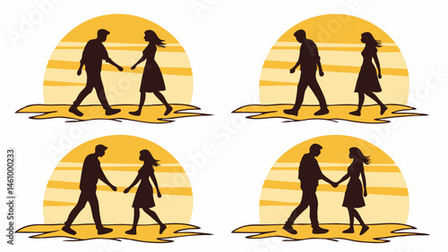 Romantic Silhouette Illustration Man Woman Walking Meeting Holding Hands Relationship Journey Against Sun