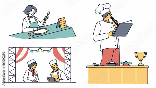 Flat Illustration of Chefs Cooking Competition Judging Stage and Trophy Award