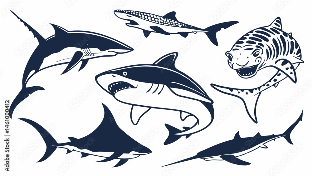 Fototapeta premium Black and White Vector Illustration Set Featuring Diverse Shark Species Like Great White Whale and Tiger Sharks
