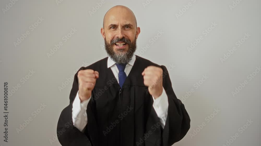 Hispanic man wearing a judge's robe stands over a white background, showcasing various expressions including confidence and joy while emphasizing his professionalism. Hispanic man wearing a judge's robe stands over a white background, showcasing various expressions including confidence and joy while emphasizing his professionalism.