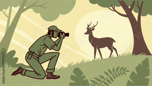 Wildlife Photographer Kneeling to Shoot Stag Deer in Sunny Forest Illustration