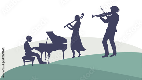 Elegant Silhouette Classical Music Trio Piano Cello Violin on Green Hill Landscape Illustration