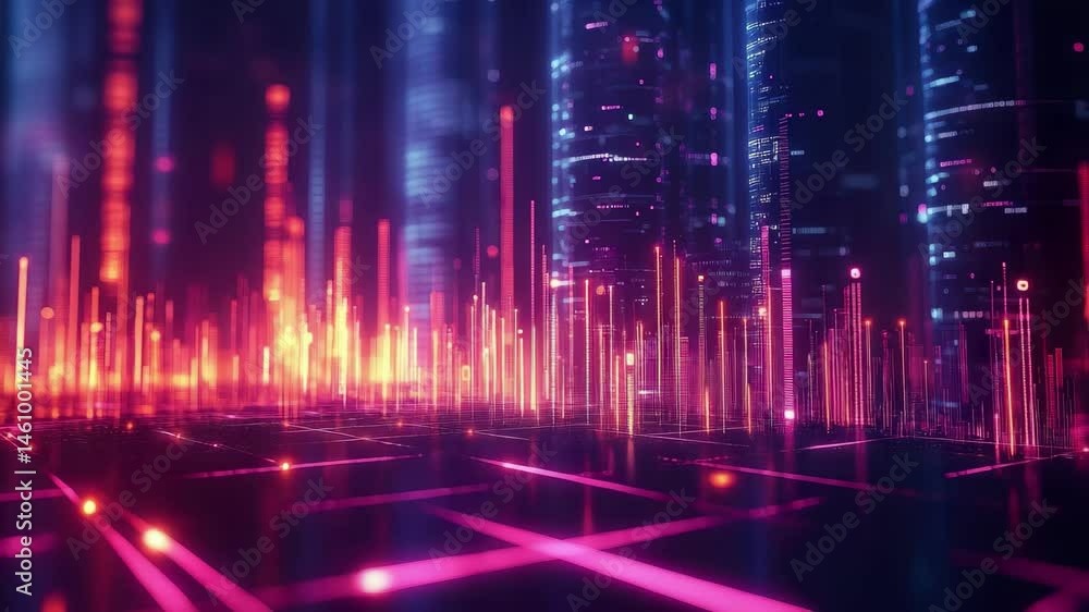 Cityscape with buildings and lights in the background. The city is illuminated with a neon glow, giving it a futuristic and vibrant atmosphere Cityscape with buildings and lights in the background. The city is illuminated with a neon glow, giving it a futuristic and vibrant atmosphere