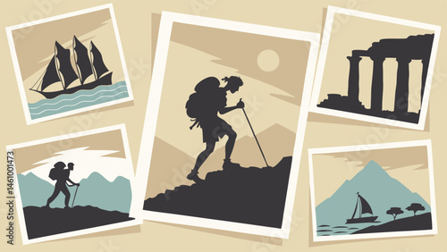 Retro Silhouette Travel Art: Hiking, Sailing Ship, Ancient Ruins, Coastal Scene Illustrations