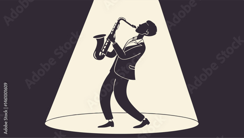 Dramatic Silhouette Jazz Saxophone Player Solo Performance Under Spotlight Vintage Graphic Art
