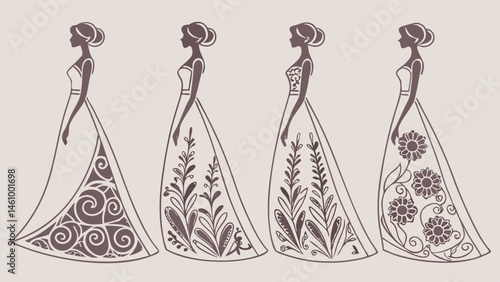 Elegant Dress Silhouettes with Floral and Swirl Patterns Illustration