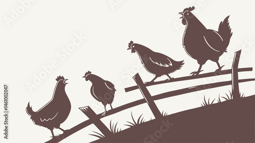 Silhouette Illustration Rustic Farm Animals Four Chickens and Rooster on Wooden Fence Graphic Poultry Birds
