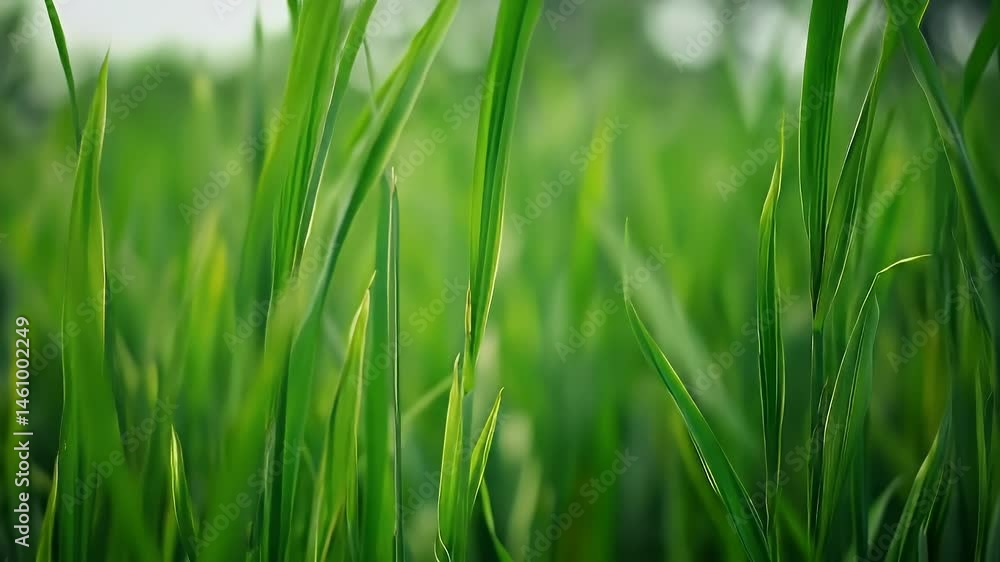 Lush Green Grass Blades in a Field Agriculture Paddy Rice Crop Cultivation during Summer Season in Warm Sunlight and Bokeh Background Lush Green Grass Blades in a Field Agriculture Paddy Rice Crop Cultivation during Summer Season in Warm Sunlight and Bokeh Background