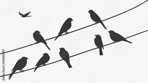 Group of Black Bird Silhouettes Perched on Electrical Wires with One Bird Taking Flight Against a White Background Minimalist Nature Illustration