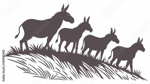 Four dark donkey silhouettes walking downhill on a grassy hill animal illustration