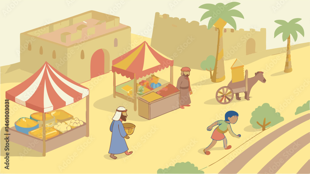 Ancient Middle Eastern Market Scene Illustration with Traders Stalls Donkey Cart Palm Trees Field Worker Ancient Middle Eastern Market Scene Illustration with Traders Stalls Donkey Cart Palm Trees Field Worker