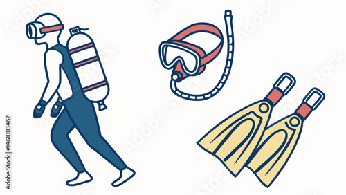 Scuba Diving Illustration Diver Tank Mask Snorkel Fins Simple Blue and Red Line Art