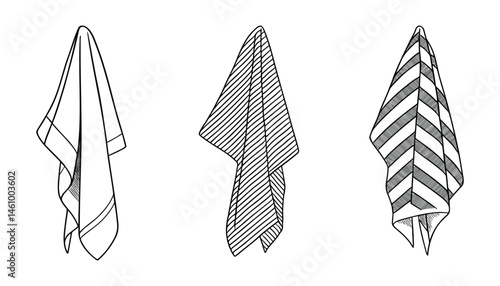 Three hanging kitchen towels cloths isolated on white backdrop