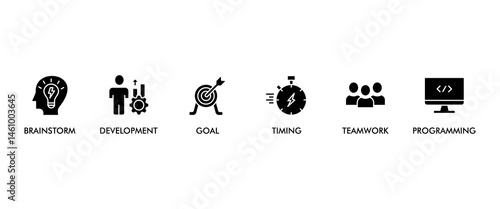 Hackathon banner web icon vector illustration concept for design sprint-like social coding event with icon of brainstorm, development, programming, timing, speed, teamwork, and goal