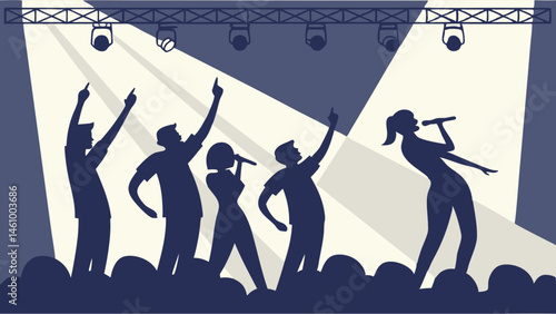 Silhouette Band Performing on Stage with Spotlights Flat Illustration
