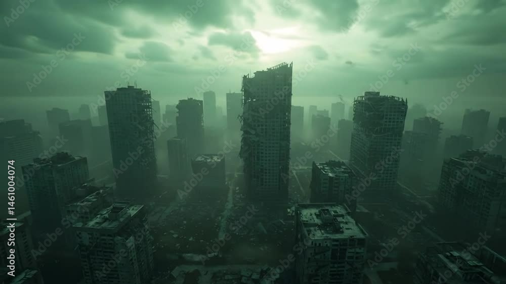 Aerial View of a Destroyed City with Overcast Sky and Fog