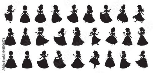 Set of elegant princess silhouettes in various poses, black vector design on white background  