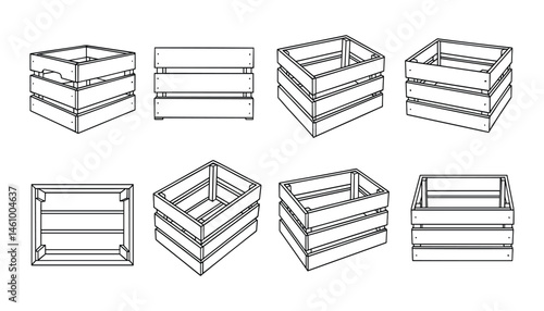Wooden crates collection isolated on white storage boxes