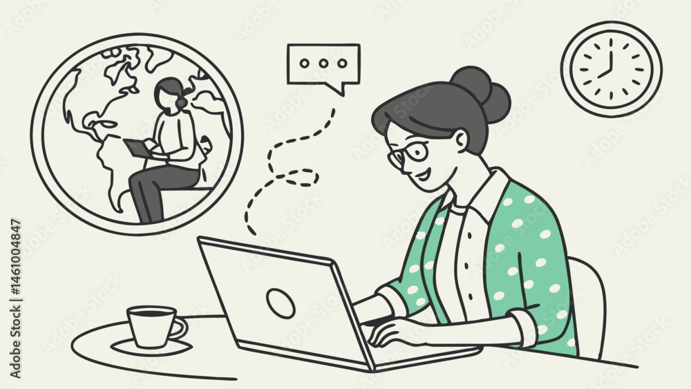 Simple line art illustration woman working remotely on laptop global connection online communication Simple line art illustration woman working remotely on laptop global connection online communication
