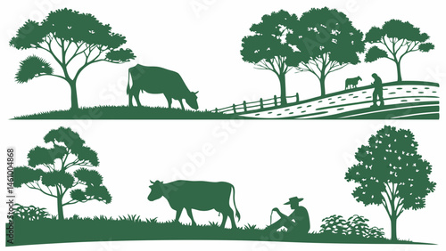 Green Silhouette Vector Illustration Rural Farm Landscape Scenes Cows Trees Farmers
