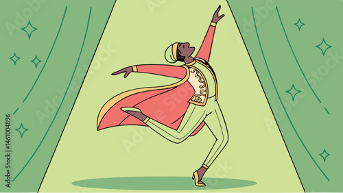 Dynamic Illustration of Black Male Dancer Performing on Stage in Colorful Theatrical Costume